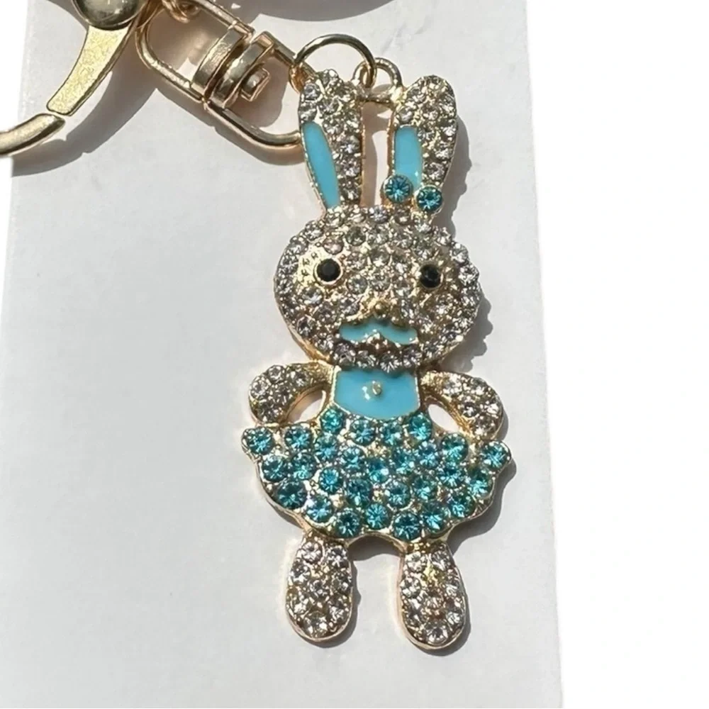 3/$25 Mint Sparkle.Rhinestone Jeweled Blue Rabbit Bunny Purse Keychain Bag Charm